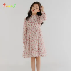 Floral Dress for Kids Girls Spring Summer 2025 Long Sleeve Ruffled Knee Length Chiffon Dresses Casual Children Clothes