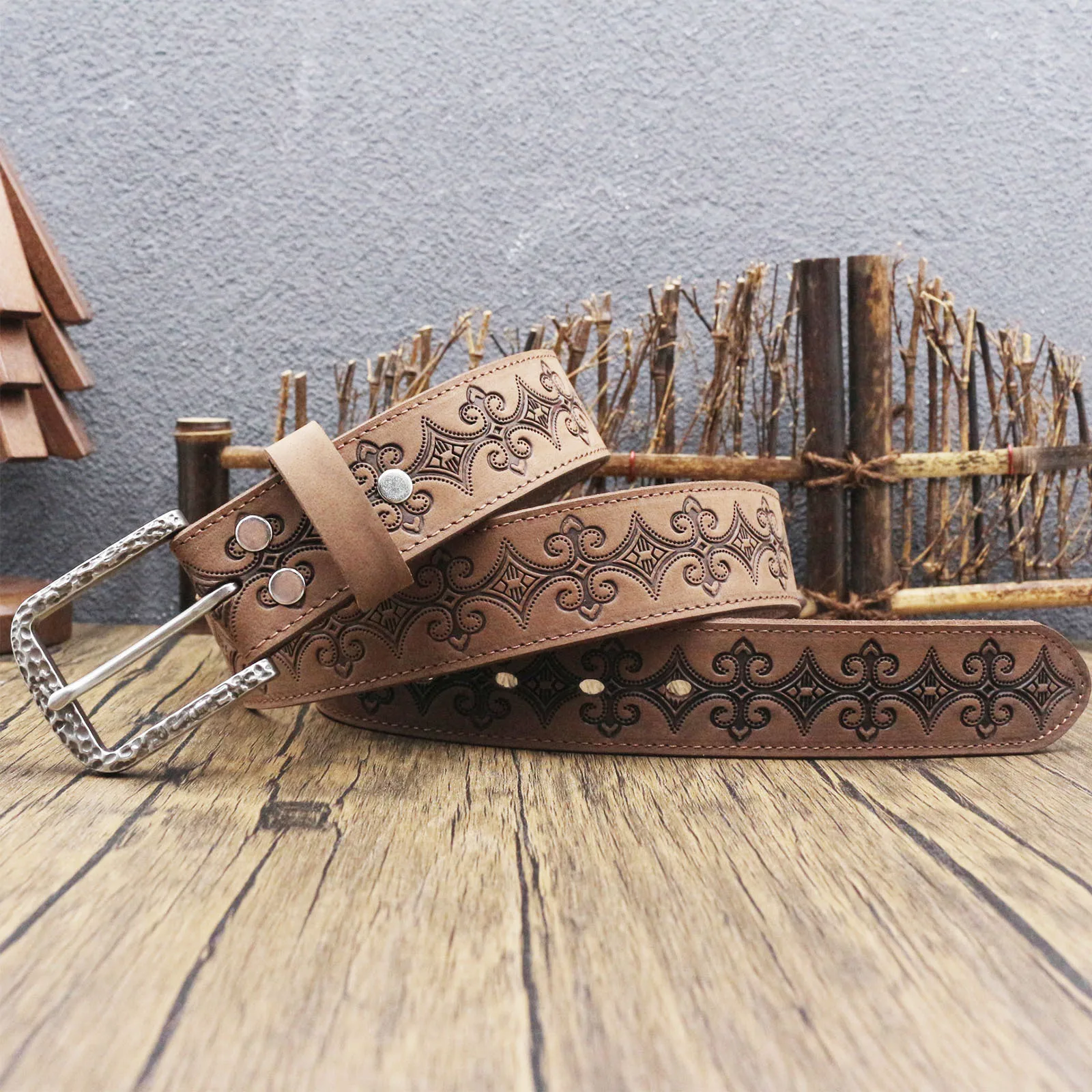 Retro Tooled Men Top Grain Crazy Horse Leather Belt Distressed Matte Cowhide Robust Metal Pin Buckle Smooth Hole Punching Fit