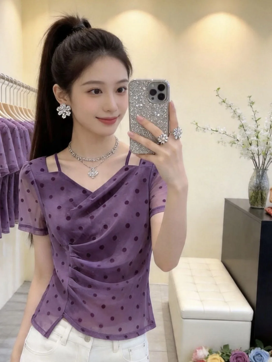 Summer New Style Women's T-shirt Polka Dot Mesh Short Sleeve Waist Cinching Slimming Gentle Wind Versatile Small Shirt
