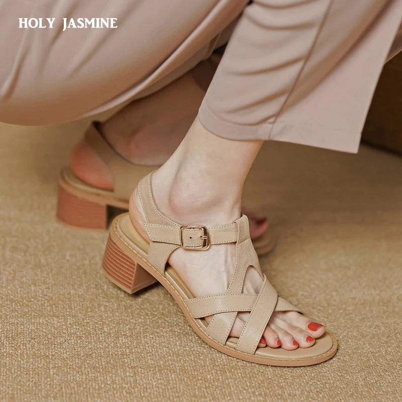 2022 Summer Women Shoes Sheepskin Shoes Women Open Toe Chunky Heel Sandals High Heel Shoes Women Solid Roman Sandals for Women