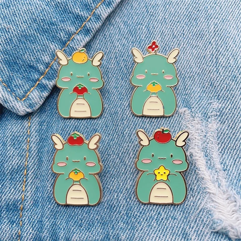 Creative Animal Fruit Enamel Pins Green Dragon Apple Persimmon Alloy Brooch Badge Fashion Women's Jewelry Gift For Kid