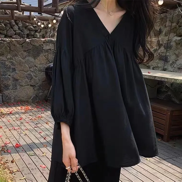 Women V Neck Gathered Bust Blouse Loose Puff 3/4 Lantern Sleeve Shirts Wrinkle Textured Fabric Blouses ﻿ ﻿ view 4