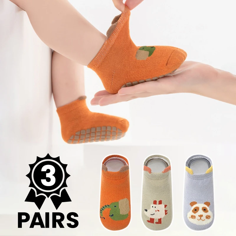 3 Pairs Cartoon Animal Baby Anti Slip Floor Socks Cotton Toddler Non-slip Ankle Socks for Boys Girls Infant Indoor Walking Socks