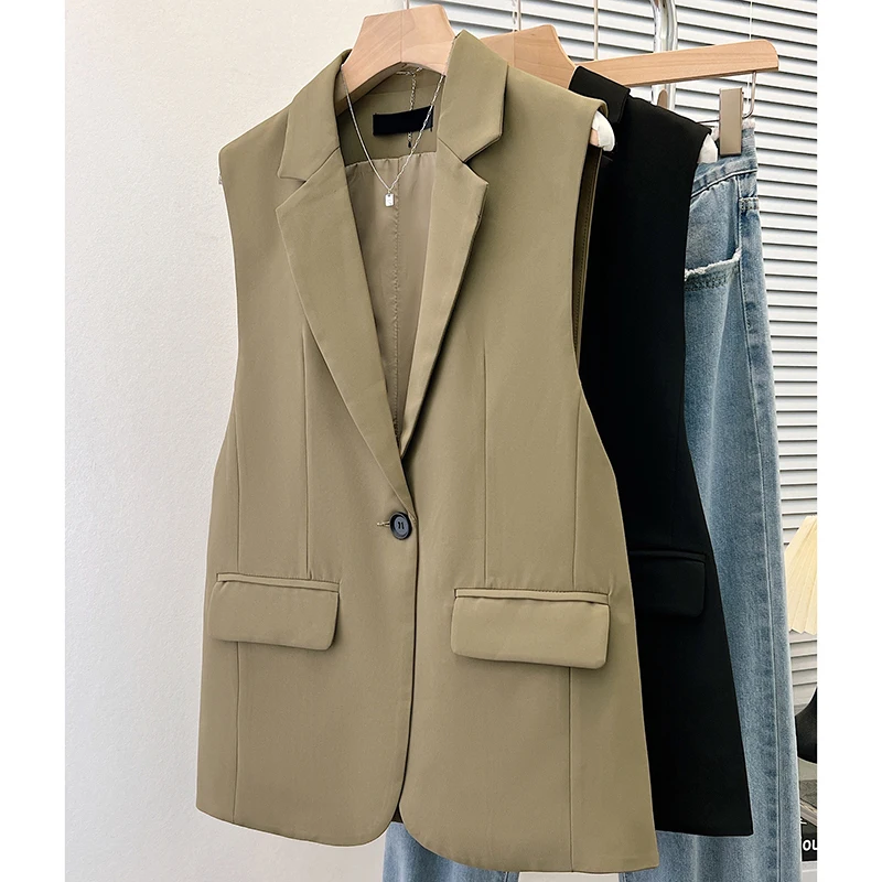 

Loose Women Vest Autumn Temperament Fashion Korean Style Sleeveless Solid Color Pockets Office Lady Single Button Suit Waistcoat