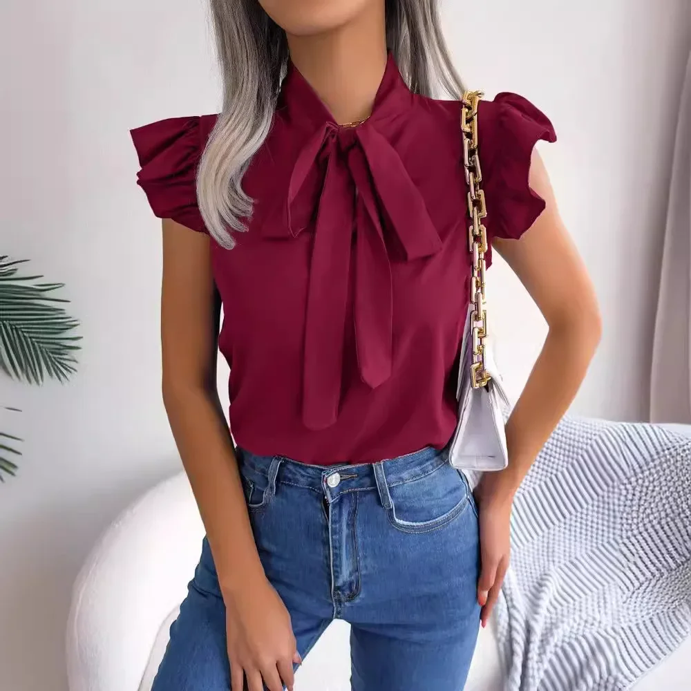 

2025 summer new solid color simple shirt bow short sleeve shirt women