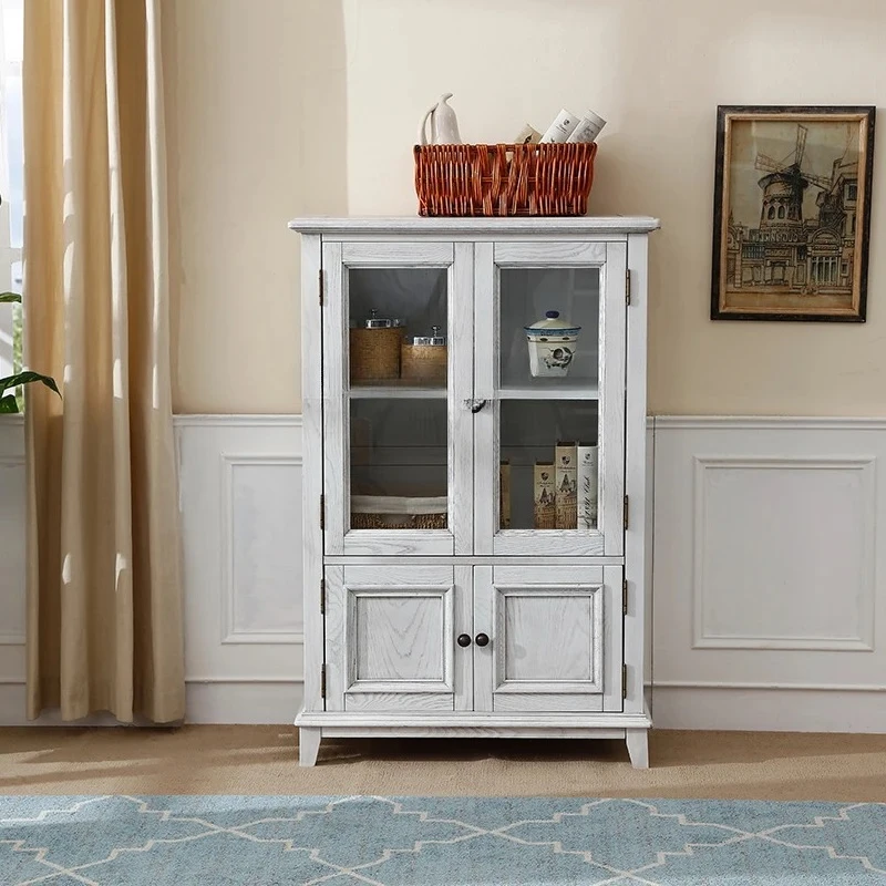 

American country ash wood white living room TV side cabinet dining side, American furniture glass wine cabinet