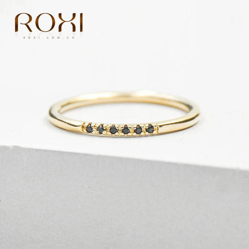 

ROXI S925 Sterling Silver Row Black Mini Crystal Fashion Banquet Enagement Finger Rings For Women Thin 6/7/8 Size Jewelry Gift