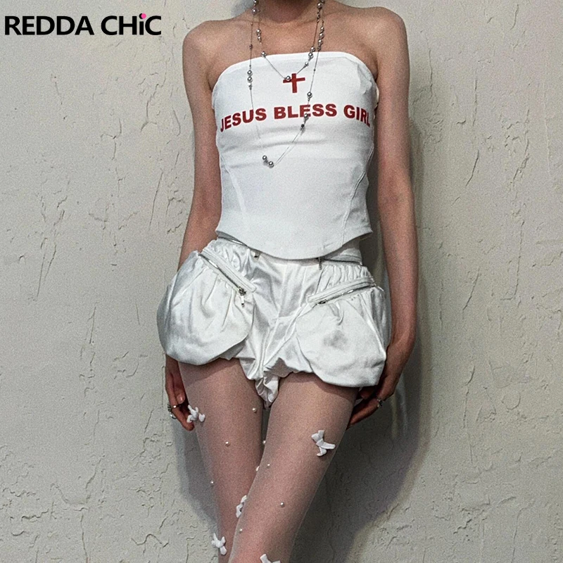 Carta ReddaChic # Jesús Bless Girl-Conjunto de pantalones cortos con corsé para mujer, Top de tubo con estampado de cruz blanca, bombachos de satén, ropa gótica Steampunk