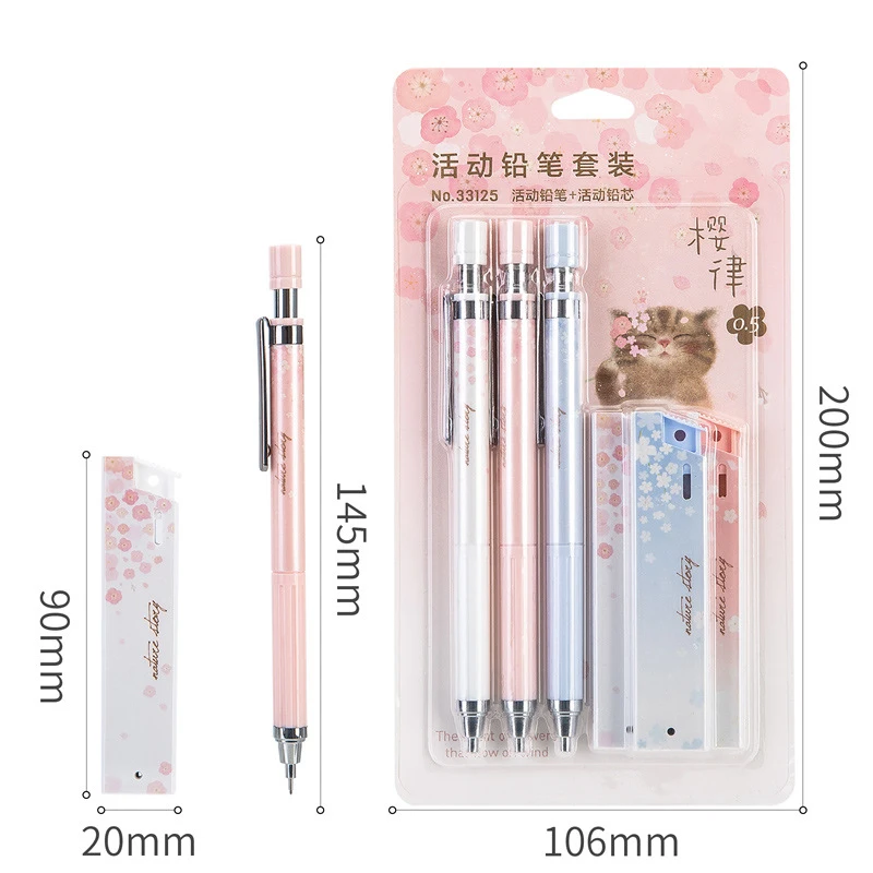 Cute Cherry Sakura Conjunto de Lápis Mecânicos, Lápis Automático com Recargas de 0,5mm, Press Canetas, Papelaria Escolar, Material de Escritório