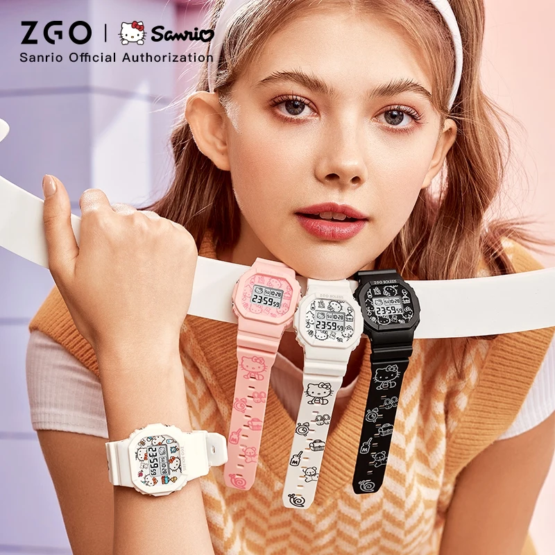 ZGO X Sanrio HelloKitty นาฬิกาอิเล็กทรอนิกส์กันน้ํากีฬานาฬิกาข้อมือ TPU สายนาฬิกา Chronograph หญิงคริสต์มาสของขวัญ 8611