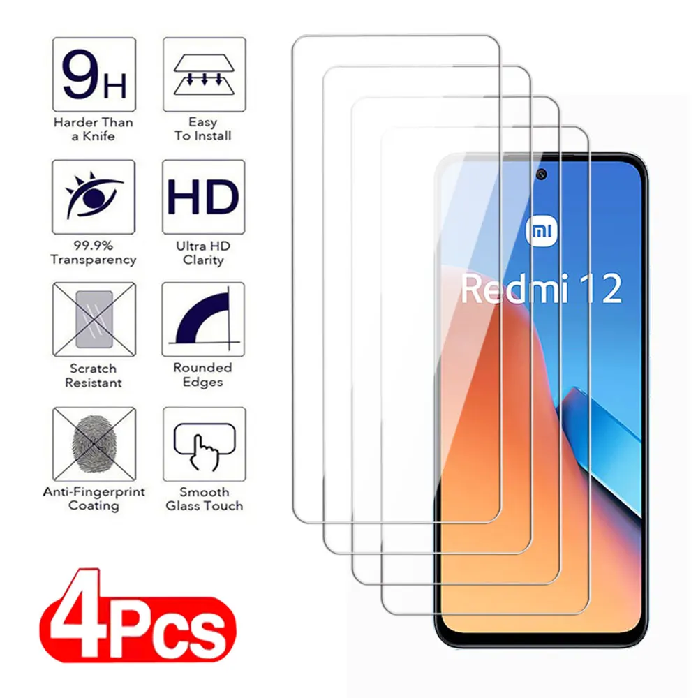 4Pcs 9H Anti-Burst Tempered Glass For Xiaomi Redmi 12 12C Screen Protector For Redmi Note 12T 12 Pro Plus Clear Protective Film