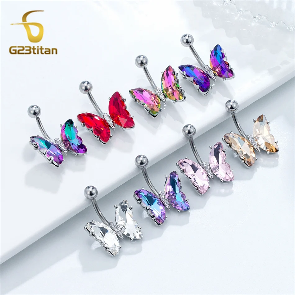 Bright Butterfly Belly Button Rings Colors Zircon Wing 14G G23 Titanium Steel Curved Barbell Navel Piercing Women Body Jewelry