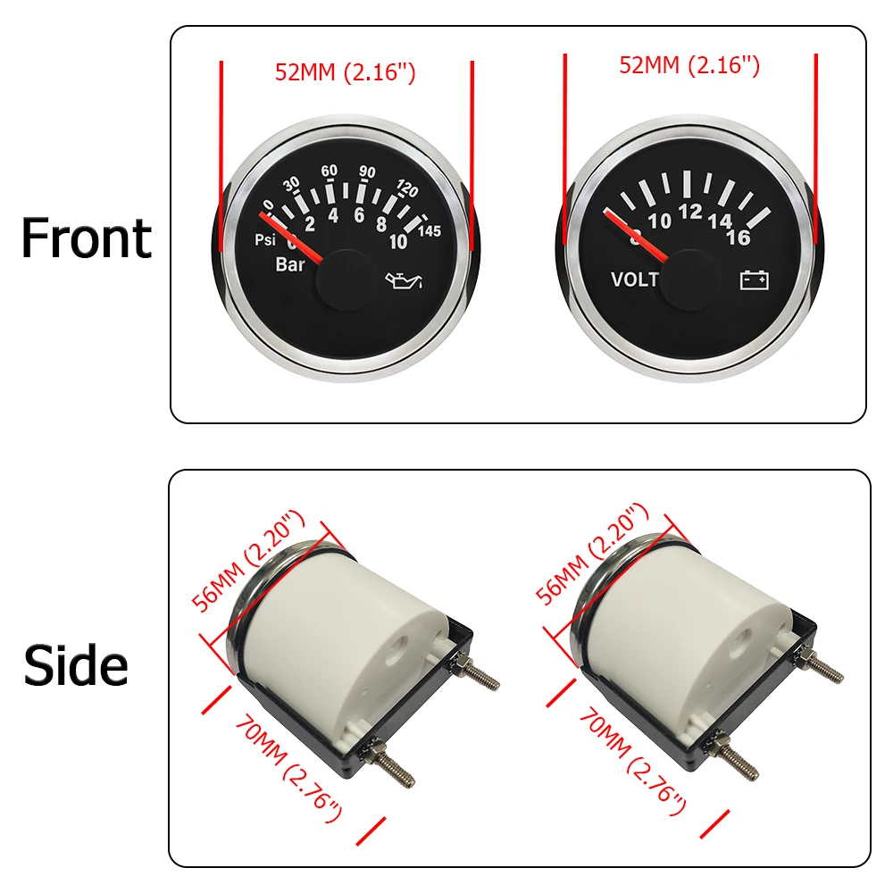 Universal 4 Gauge Set 52mm Water Temp Oil Pressure Fuel Level Meter Voltmeter with Red Backlight for Car Boat Yacht 12V