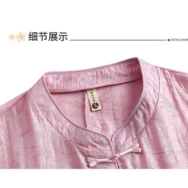Plus Size Chinese Style Cotton Linen Blouse for Women Short Sleeve Frog Button Casual Summer Top