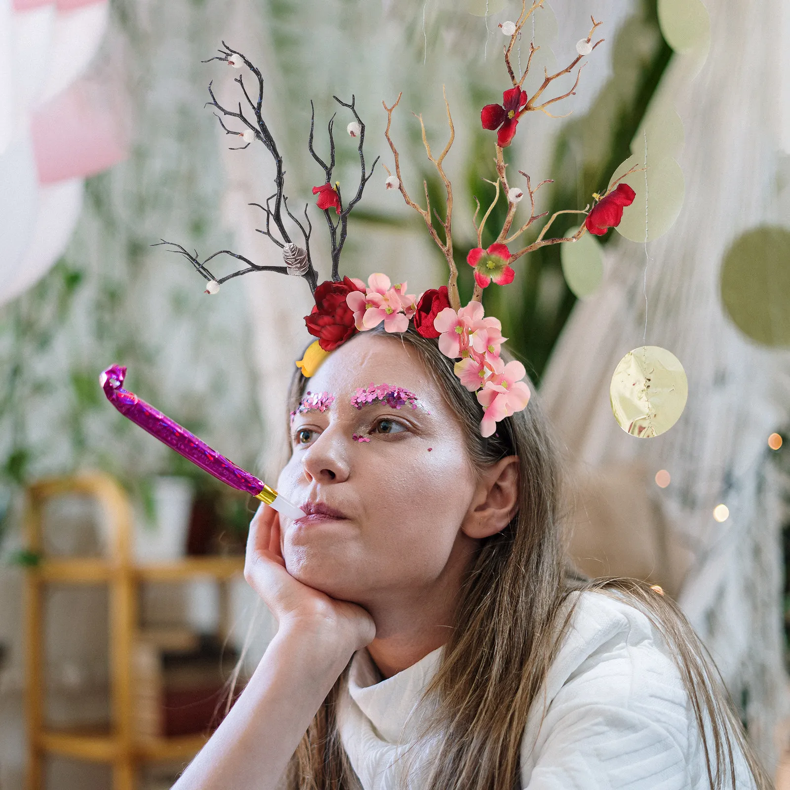 

1 шт. Цветочный ободок для волос, креативный ободок с оленьими рогами, головной убор для вечеринок, карнавалов, фестивалей, декоративный уникальный праздничный аксессуар