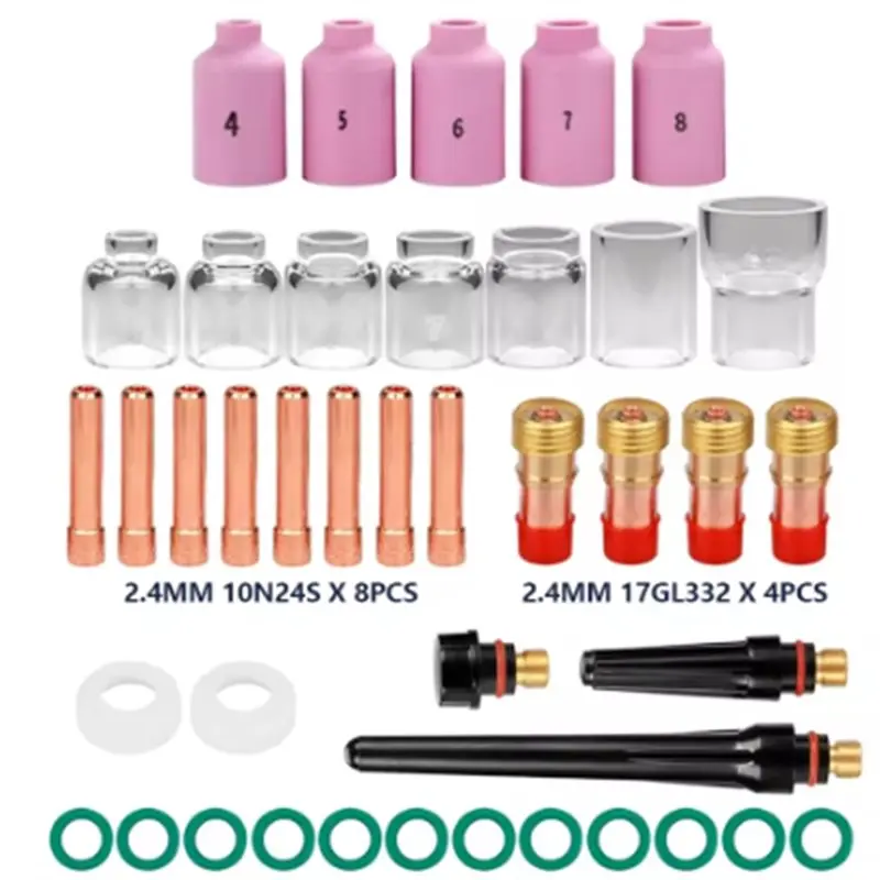A98E-Kit For WP17/18/26 Forged Torch- 41Pcs TIG Welding Torch Nozzle Ring Cover Gas Lens 4-12 Pyrex Glass Cups 2.4Mm Set