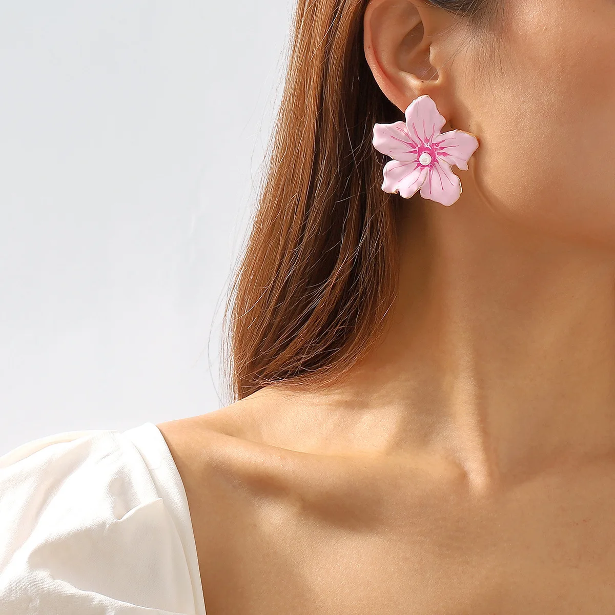 Classic Vintage Pink Drip Oil Big Flowers Pearl Stud Earrings for Women Romantic Temperament Elegant Charm Girl Jewelry image 2