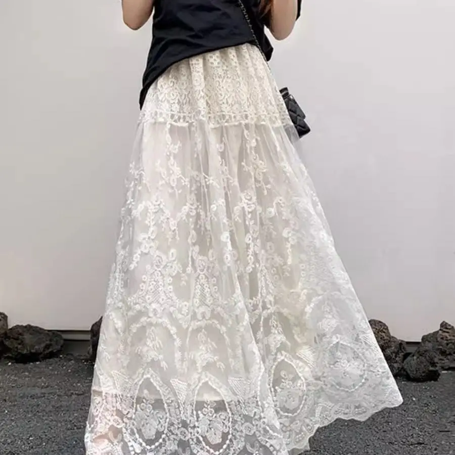 White A-Line Skirt Women's Summer New Design Lace Trim High Waist Elegant Long Skirt Casual Polyester Fiber Non-Stretch