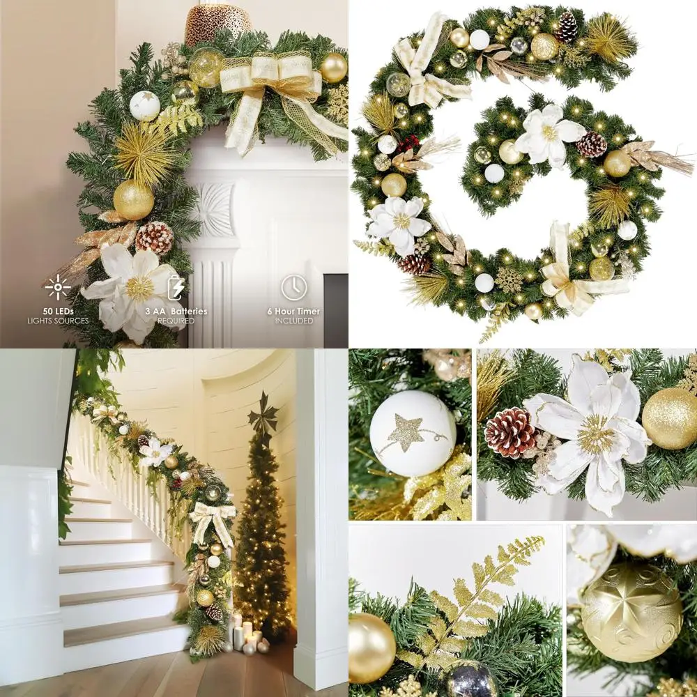 

Battery-Powered 9ft White & Gold LED Christmas Garland with 50 Lights for Holiday Decor