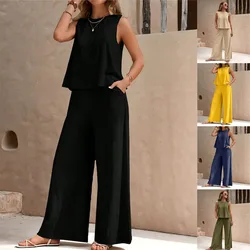 2 Piece Set Summer New Women's Sleeveless Ruffle Tank Top and High Waist Wide Leg Pants Set Casual Loose Women's Solid Color Set