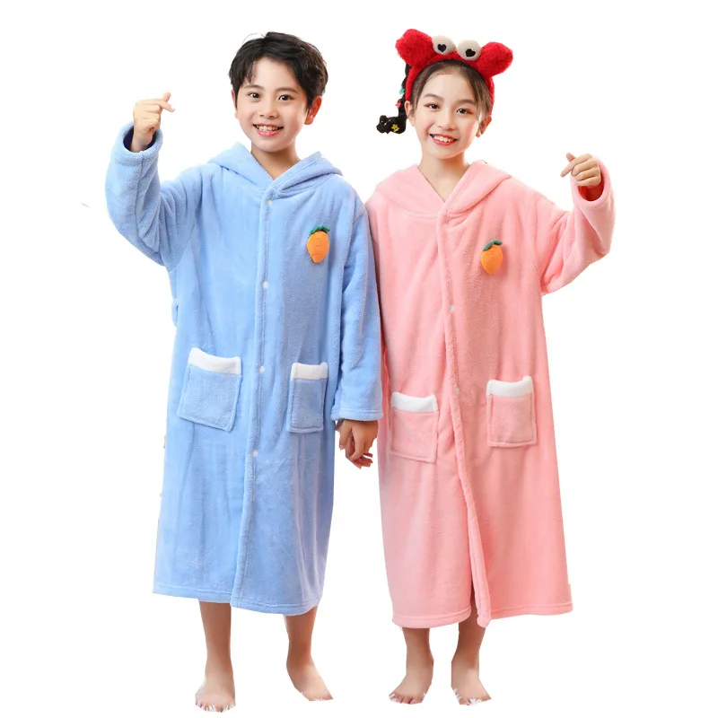 Winter Thick Robe For Children Cute Cartoon Hooded Long Robe Boy And Girl Home Wear Sleepwear Kawaii Flannel Warm Comfy Bathrobe