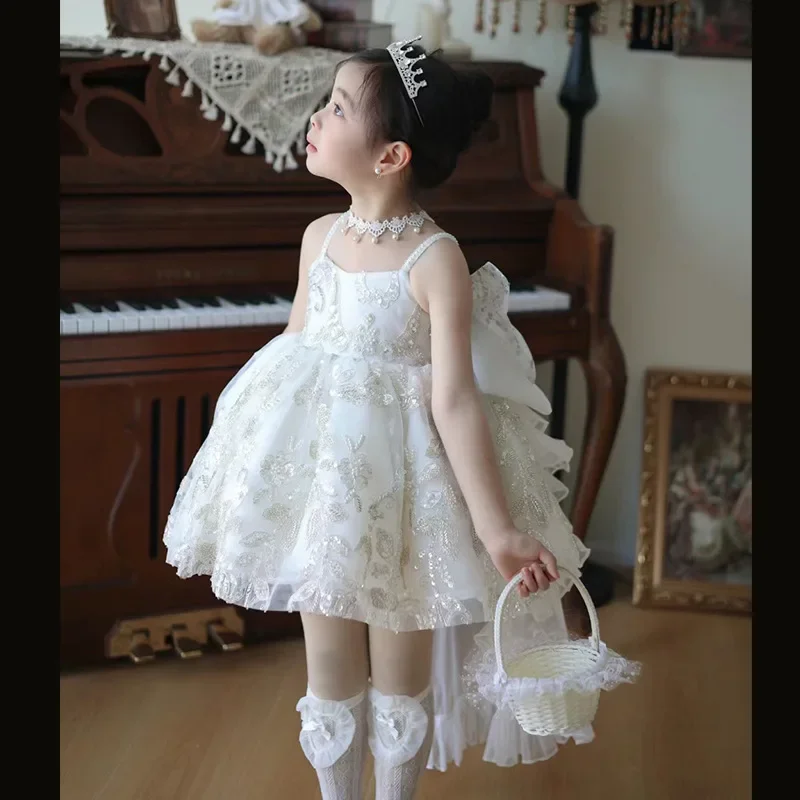 -Girls Luxury Lolita Princess Dress Long Train Sparkly Beaded Party Costume with Complete Accessories for Birthday & Performance