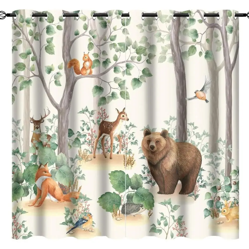 Woodland Animal Themed Blackout Curtains for Lodge, 84x42, Insulated Grommet Panels