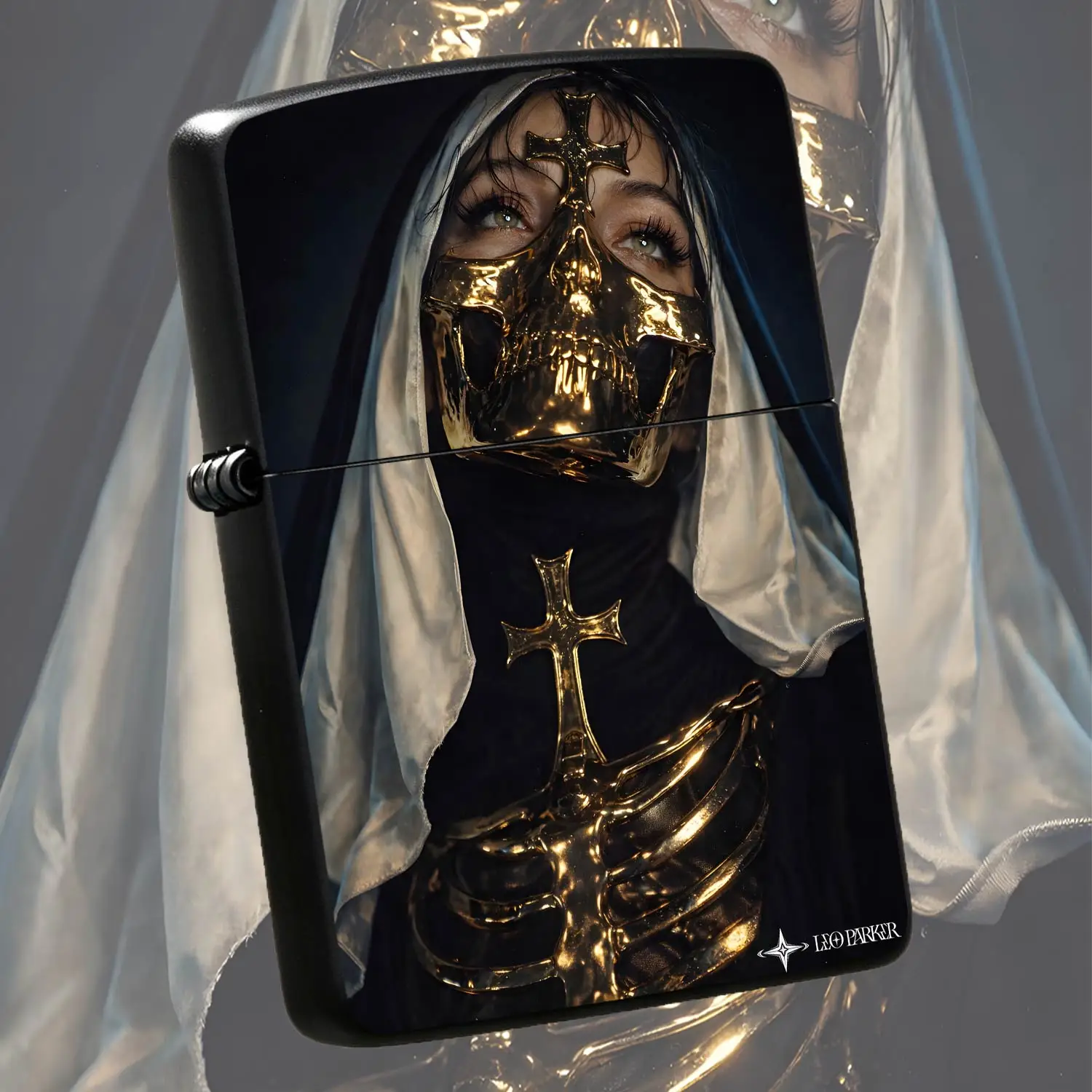 Dark Gothic Style Holy Nun Gilded Skull Art Pattern Lighter, Retro Aesthetic Creative Trendy Accessory, Perfect Gift for Loved Ones, PersonalDesktop Ornament, Suitable for All Daily Scenarios Portable A Humorous And Interesting Lighter