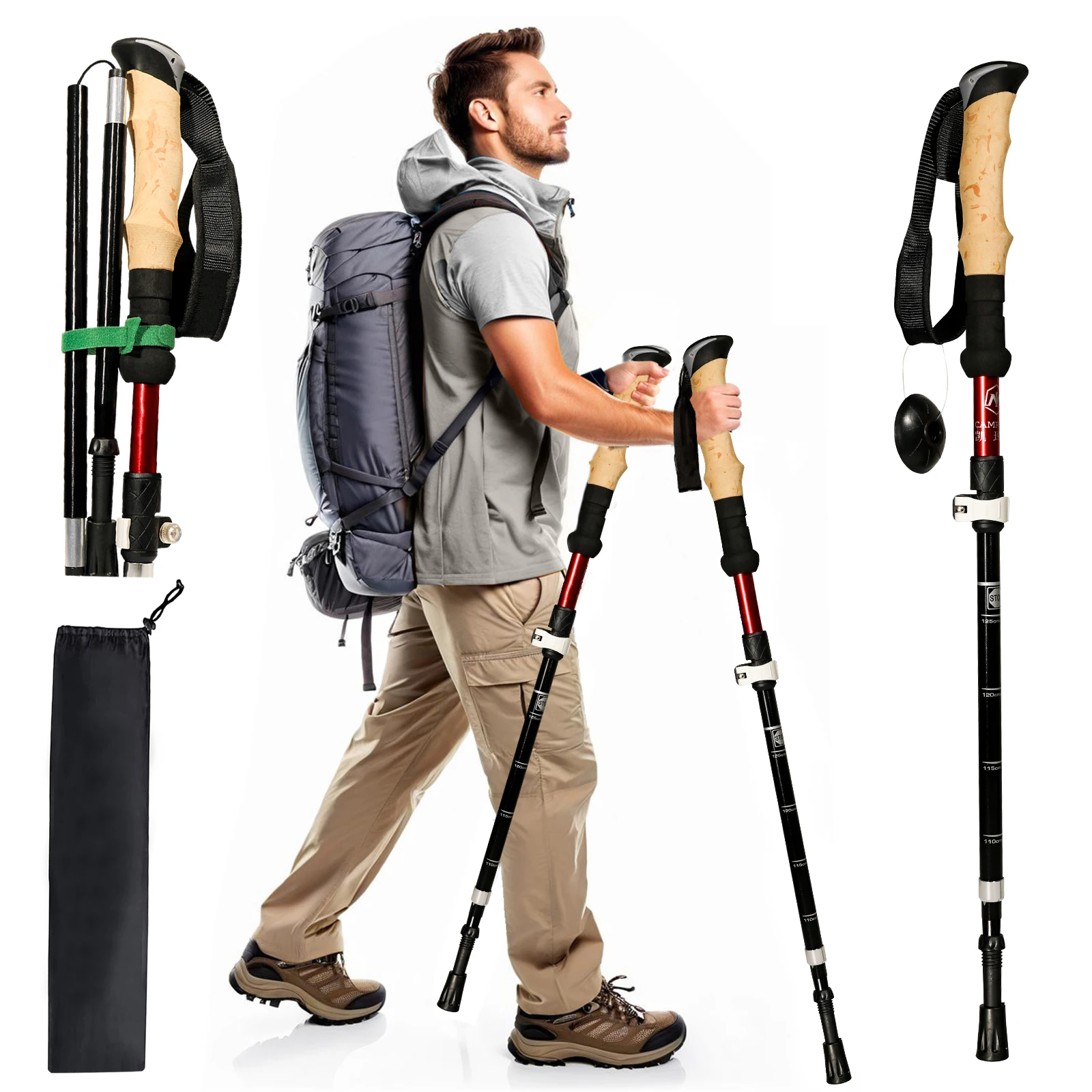 Trekking Pole Carbon - 1 stuks lichtgewicht trekkingstokken, 3-delig, draagbaar,