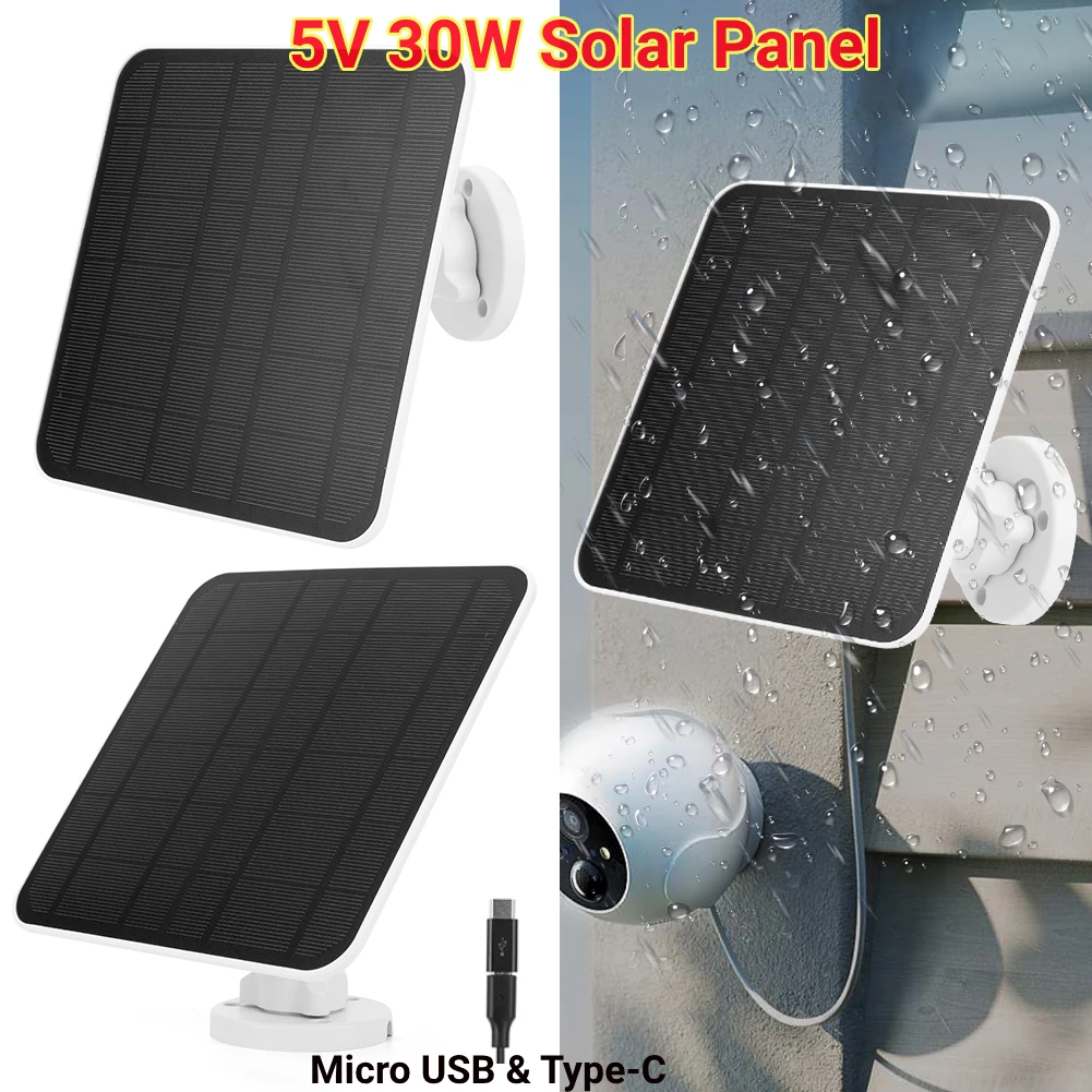 

5V 30W Solar Panel with 9.8Ft Charging Cable Micro USB & USB-C Port 360°Adjustable Mounting for Security Camera for Eufycam 3/3C