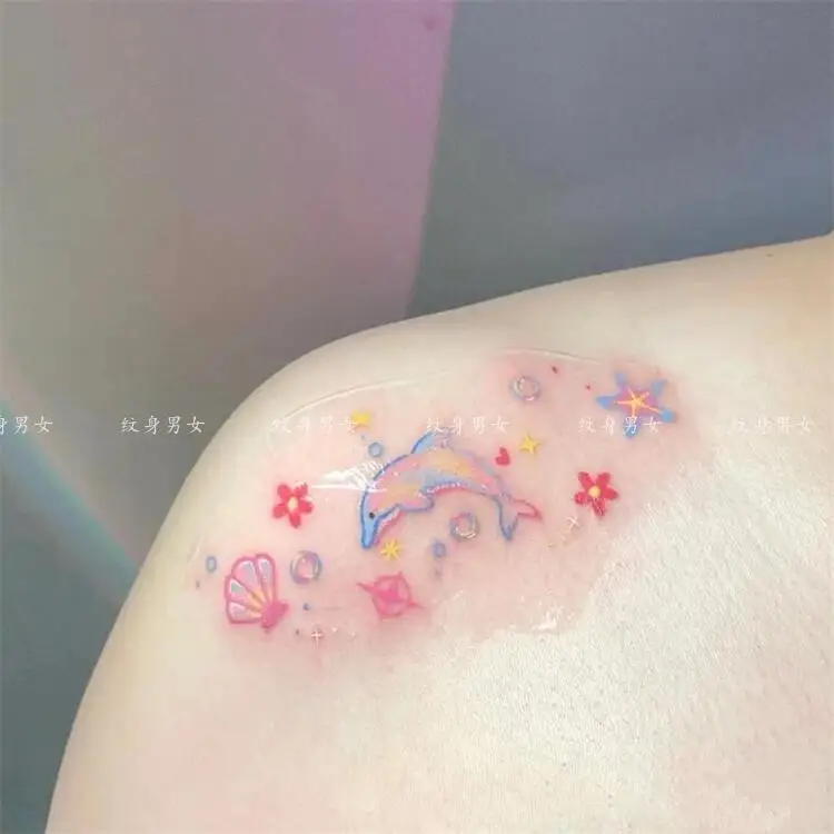 Temporary Tattoos Hand-painted Colorful Whale Tattoo Stickers Waterproof Lasting Tattoo Japanese Cute Sexy Clavicle Arm Tattoo