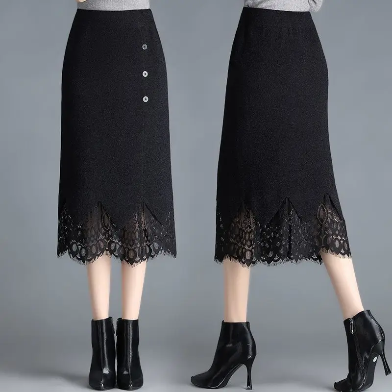 

Knitted Midi Skirt for Women Thickened 2024 Mid Length Lace Patchwork Fashionable and Stylish High Waisted and Hip Hugging