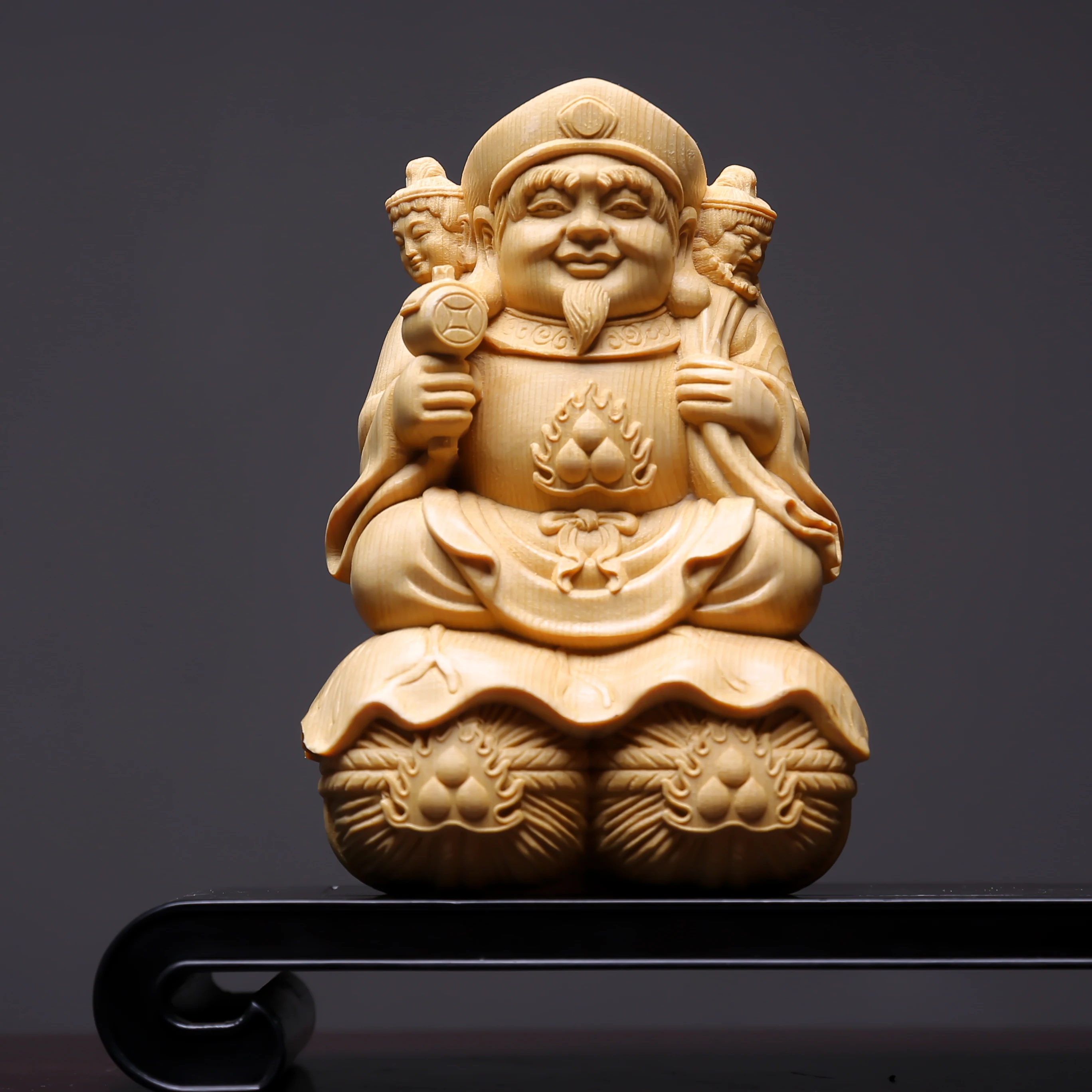 

Hinoki Cypress Wood Hand Carved Three-Faced Dahei Tian Statue Figurine Ornament Seven Lucky Gods Feng Shui Wealth Protector Home