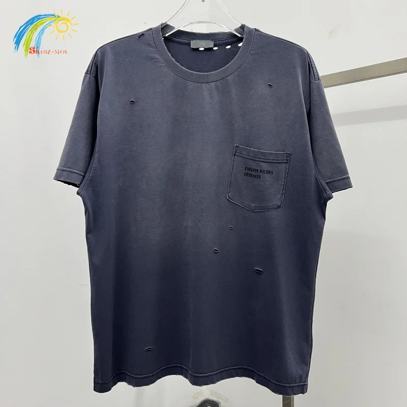 

Hip Hop Destroy Hole Short Sleeves Tee Pocket T Shirt Men Women Best Quality Vintage Washed Blue ERD T-Shirt Oversize Tee Top