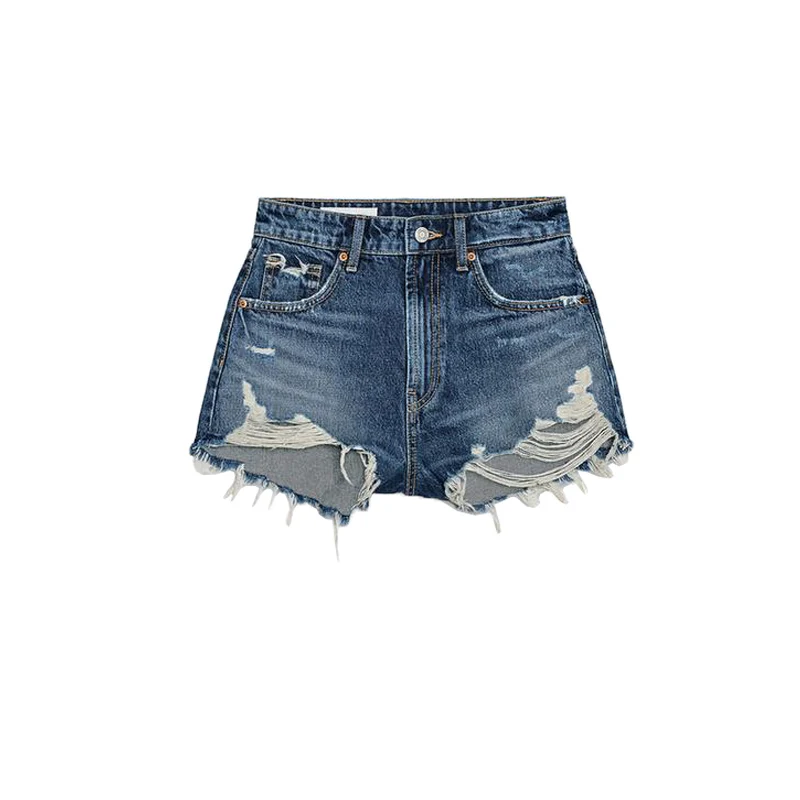 

Summer New Women's Simple Sle High Waist Arc Denim orts Decorative Hole Casual High Waist Wide Leg Zipper ort Pants