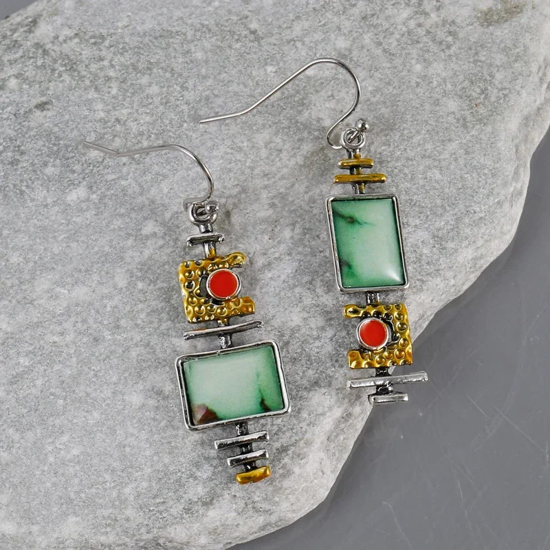 Trendy Novelty Geometric Green Stone Funny Two Tone Musical Symbol Instrument Hanging Dangle Earrings For Women