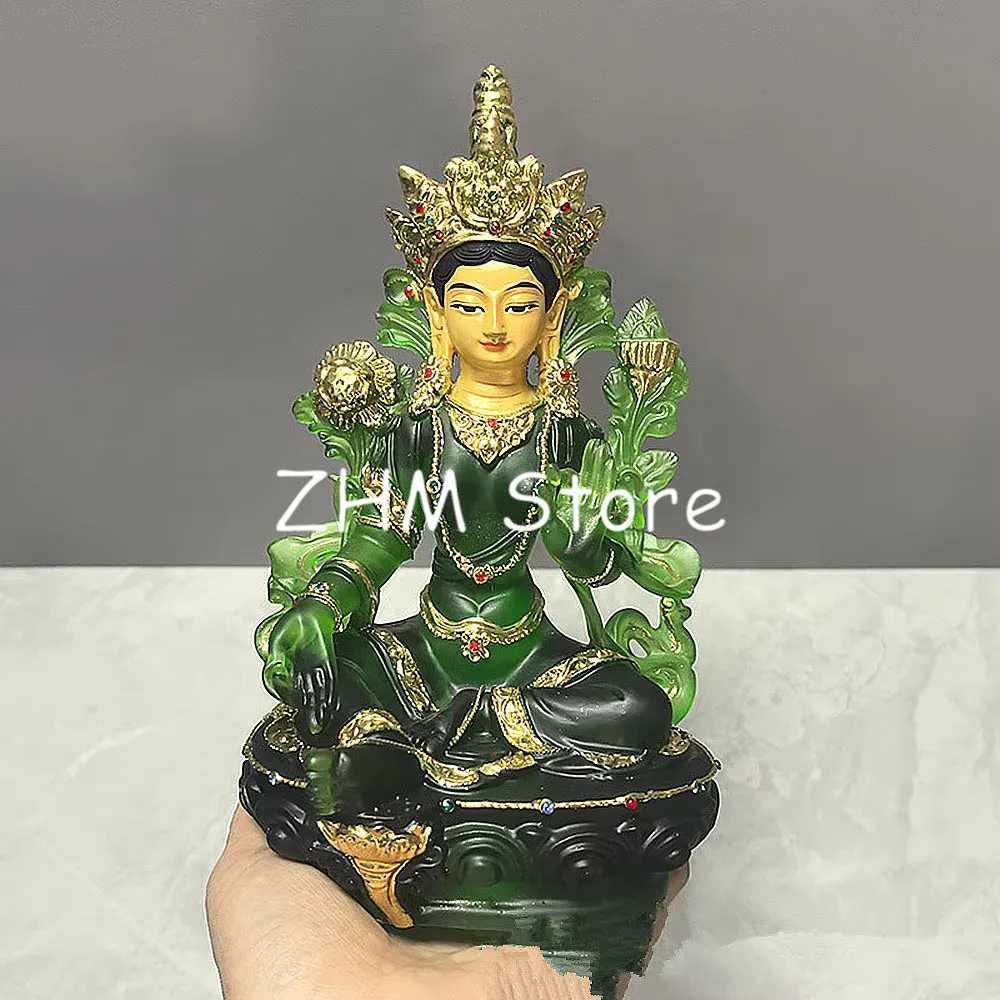

21cm Tibetan Buddhist Resin Gold Plated Green Tara Buddha Statue,Delicate Chinese Fengshui Home Putting Decor Figurine Ornaments
