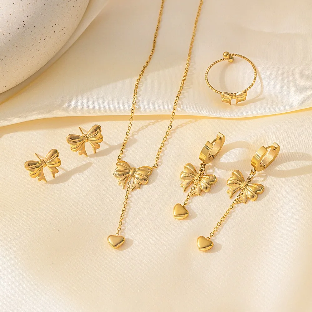 Stainless Steel High Quality Gold Color Bowknot Heart Pendant Necklace for Women Exquisite Earring Jewelry Set Gift Colorfast