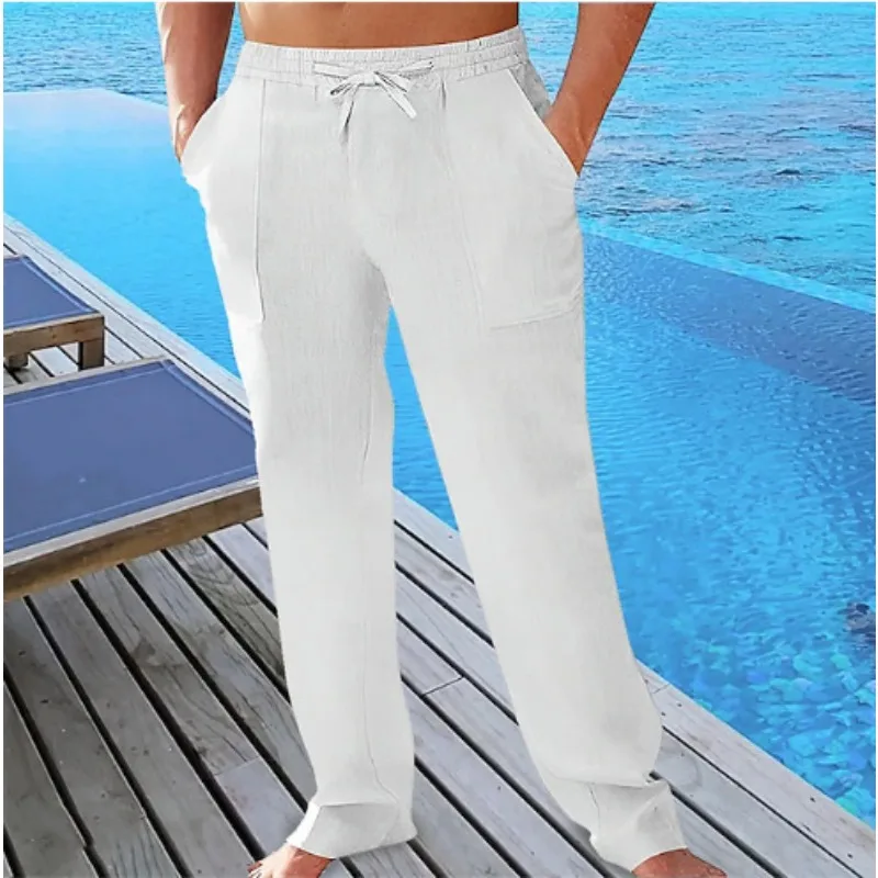 Men's Casual Summer Breathable Pants Waist Drawstring Pockets Linen Trousers Beach Pants
