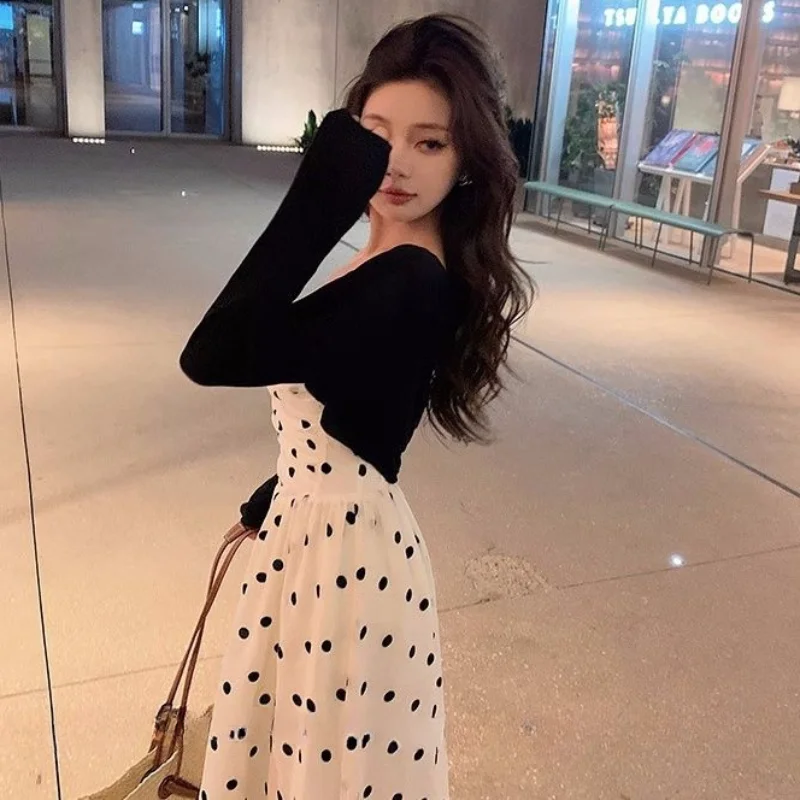 Sets Women Dot Vintage Bodycon French Style Midi Temperament Dresses Long-sleeve Sun-proof Cropped All-match Jackets Hotsweet