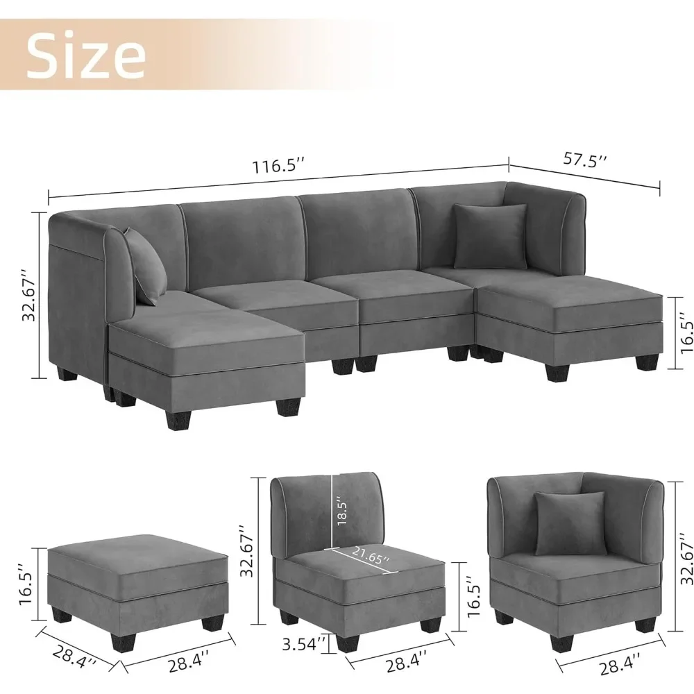 6 Pieces Sectional Couch Modular Sofa with Reversible Chaise 116