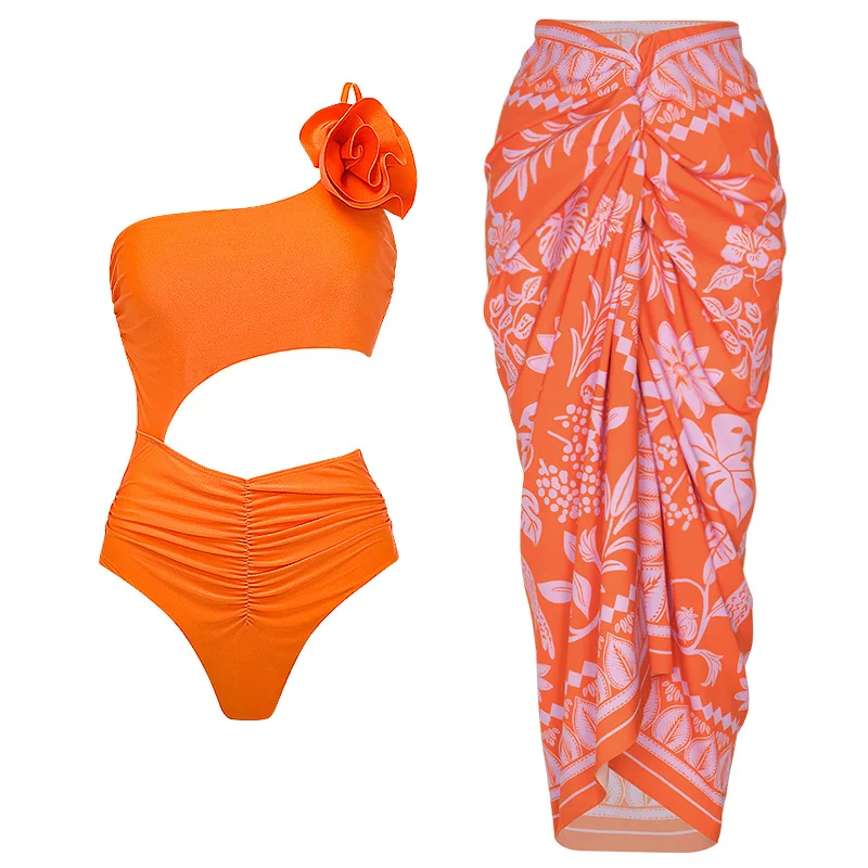 ผู้หญิงชุดว่ายน้ําฤดูร้อนชุดว่ายน้ําไหล่เดี่ยว 3D ดอกไม้ One-piece ชุดบิกินี่ Beachwear Maxi ชุดกระโปรง