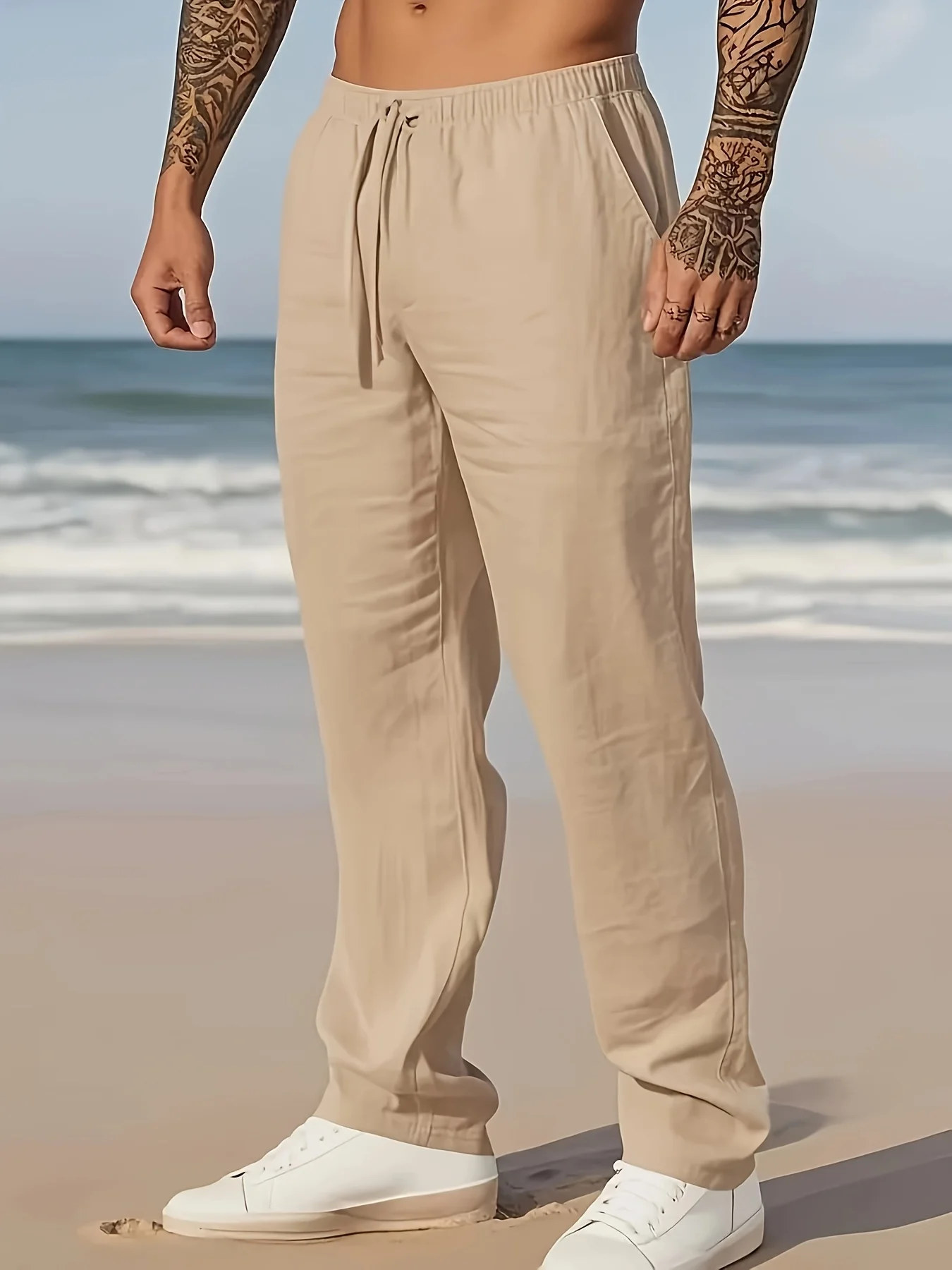 Pantalon droit pour homme en chanvre avec cordon, couleur unie, confortable, respirant, tendance mode américaine, printemps auto