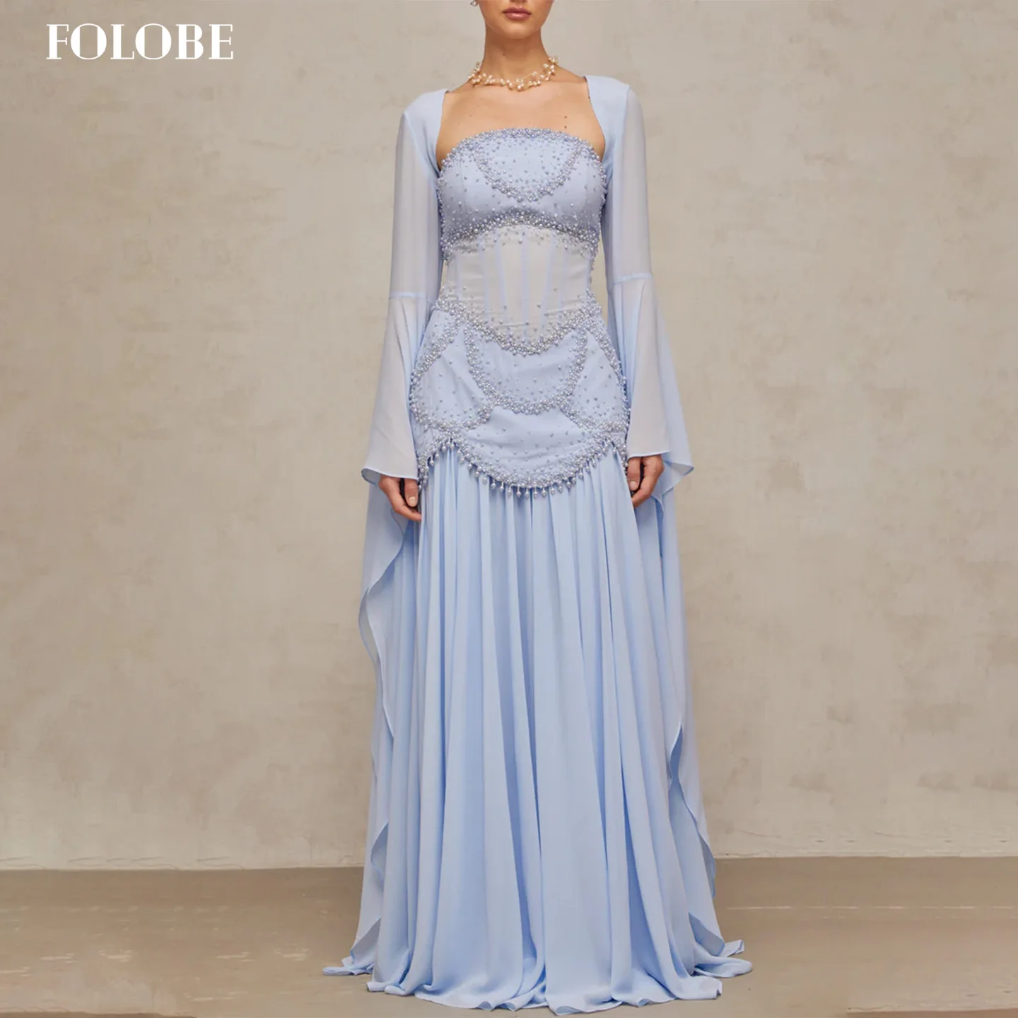 

FOLOBE Light Blue Dubai A-Line Evening Dresses with Full Sleeves Beading Elegant Wedding Dresses Prom Gown Customized
