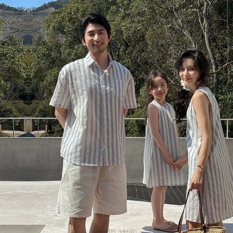 2025 Summer Vacation Family Look Matching Clothes Set Mother Daughter Dresses Father Son Stripe Shirt Shorts Outfit Costume Suit