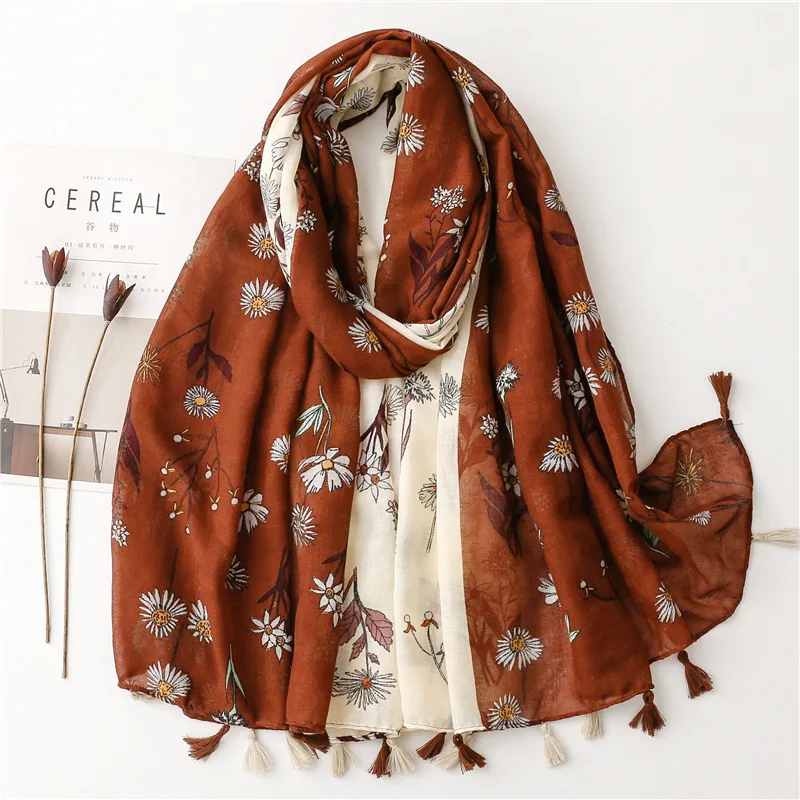 Floral Tassel Viscose Scarf Women Shawls and Wraps Hijab Female Hair Band Luxury Muslim Headkerchief 180*90Cm Echarpe Bandanas