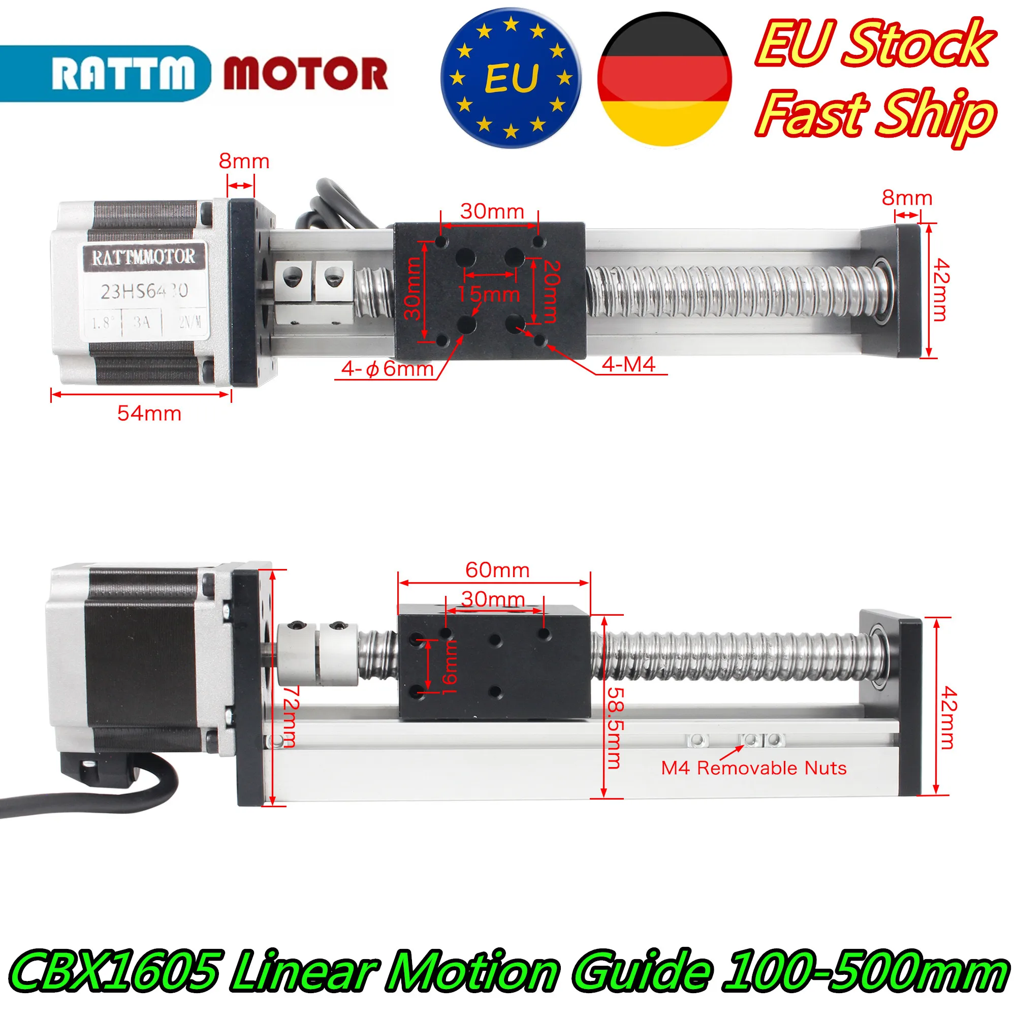 

【EU Stock】CBX1605 L100mm/200mm/300mm/400mm/500mm Linear Motion Guide Precision Ball Screw Z-Axis w/ Nema23 Stepper Motor