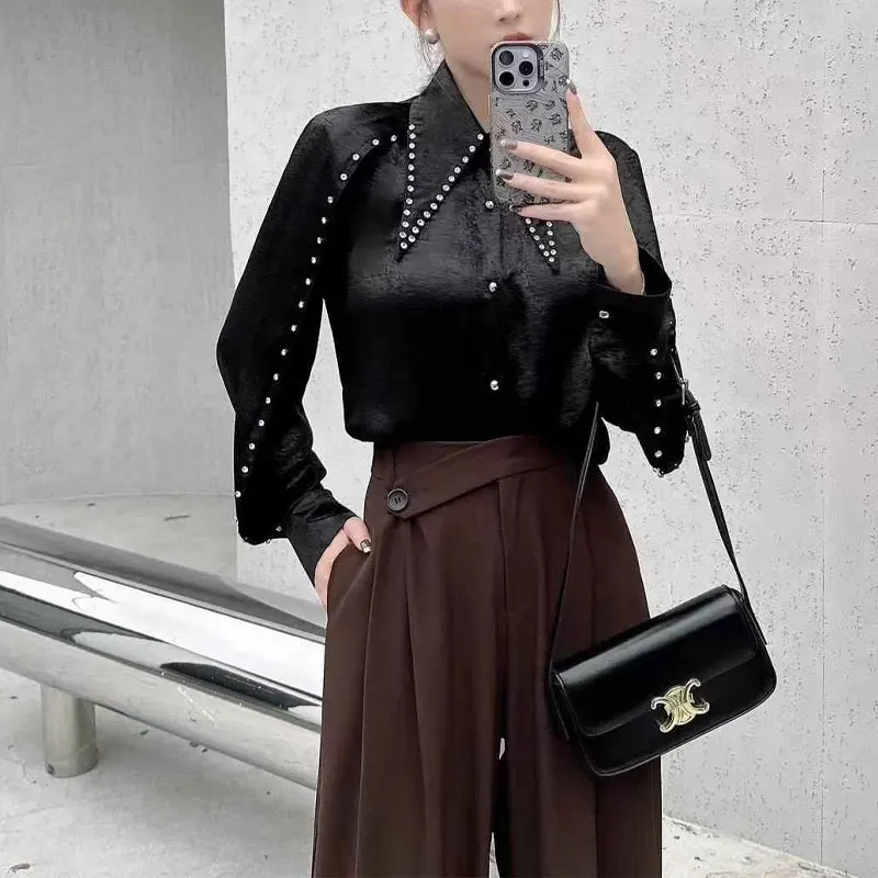 Hong Kong Style Fashion Bright Silk Blouse Spring Autumn Turn-down Collar Commute Female Clothing Spliced Chic Diamonds Shirt