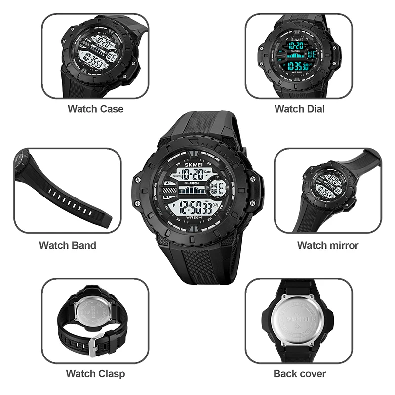 

Skmei Men's Digital Sports Watches Fashion PU Strap Big Size Dial Male Alarm Clock Led Waterproof Wristwatch Relogios Masculino