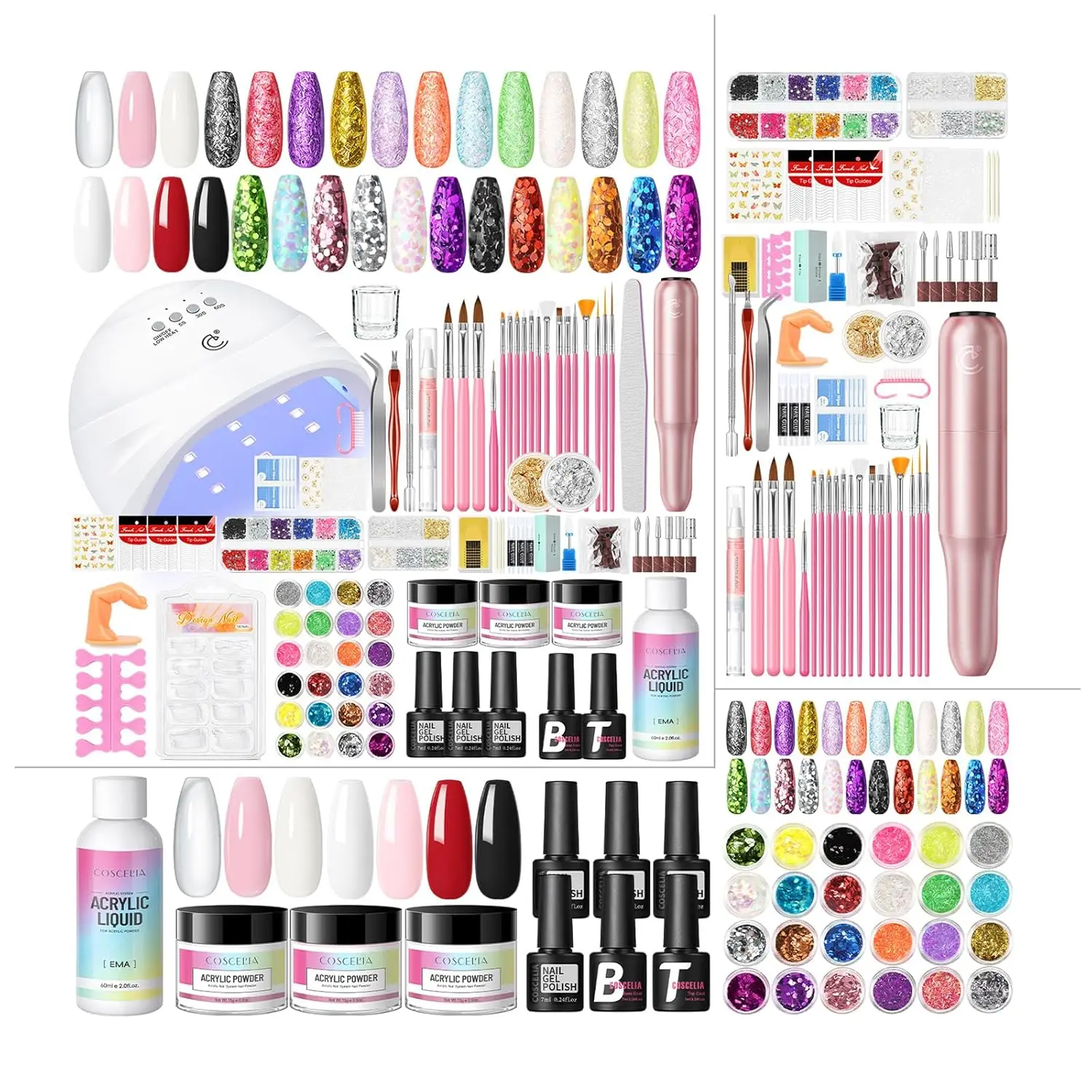 Kit completo de uñas acrílicas con luz UV, taladro, 24 colores en polvo y esmalte de gel para principiantes, regalos de manicura DIY